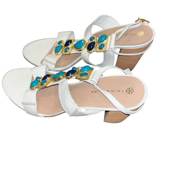 Trina Turk White Leather Jeweled Sandals gold aqua navy block heel Resort 9.5 - Picture 1 of 5